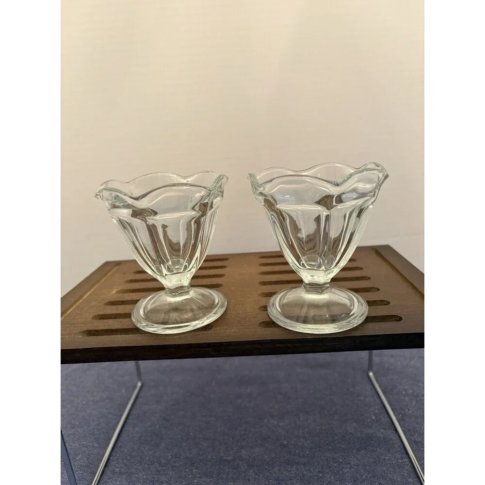 Two Vintage Anchor Hocking Clear Glass Footed Sherbet or Dessert Glasses.
